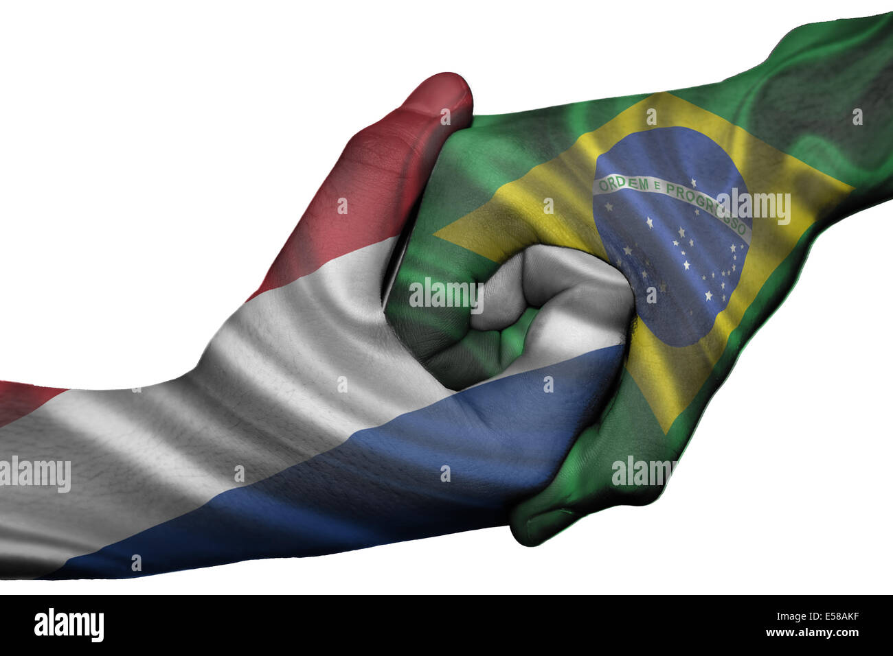 Handshake diplomatiche tra paesi: bandiere di paesi bassi e Brasile sovradipinta le due mani Foto Stock