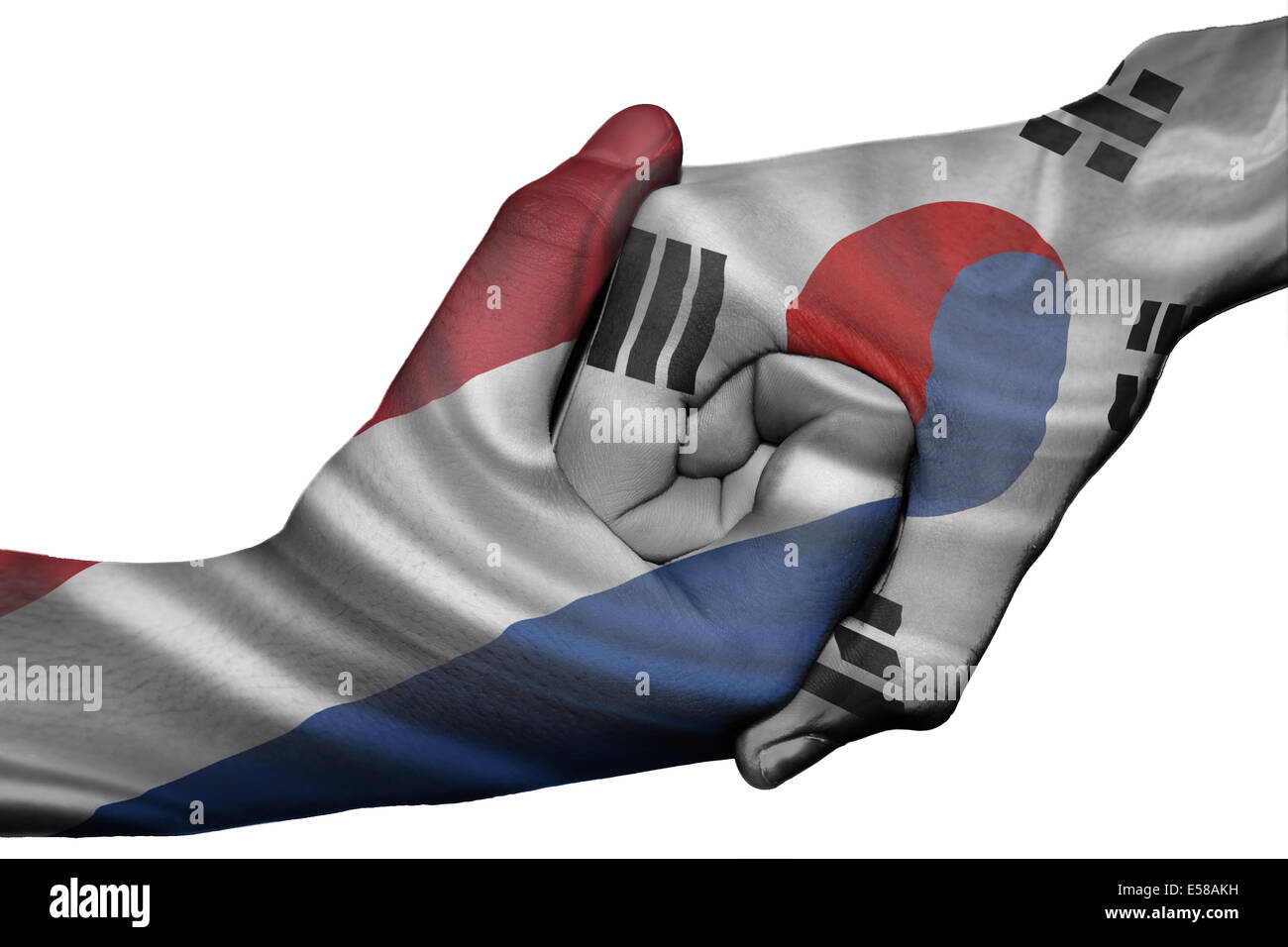 Handshake diplomatiche tra paesi: bandiere di paesi bassi e Corea del Sud sovradipinta le due mani Foto Stock