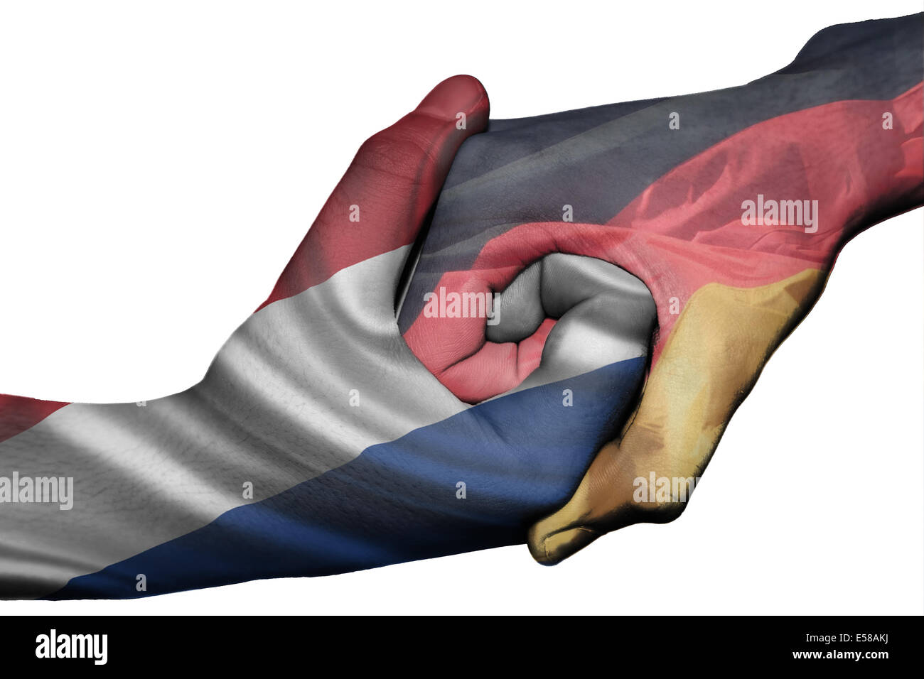 Handshake diplomatiche tra paesi: bandiere di paesi Bassi e Germania sovradipinta le due mani Foto Stock