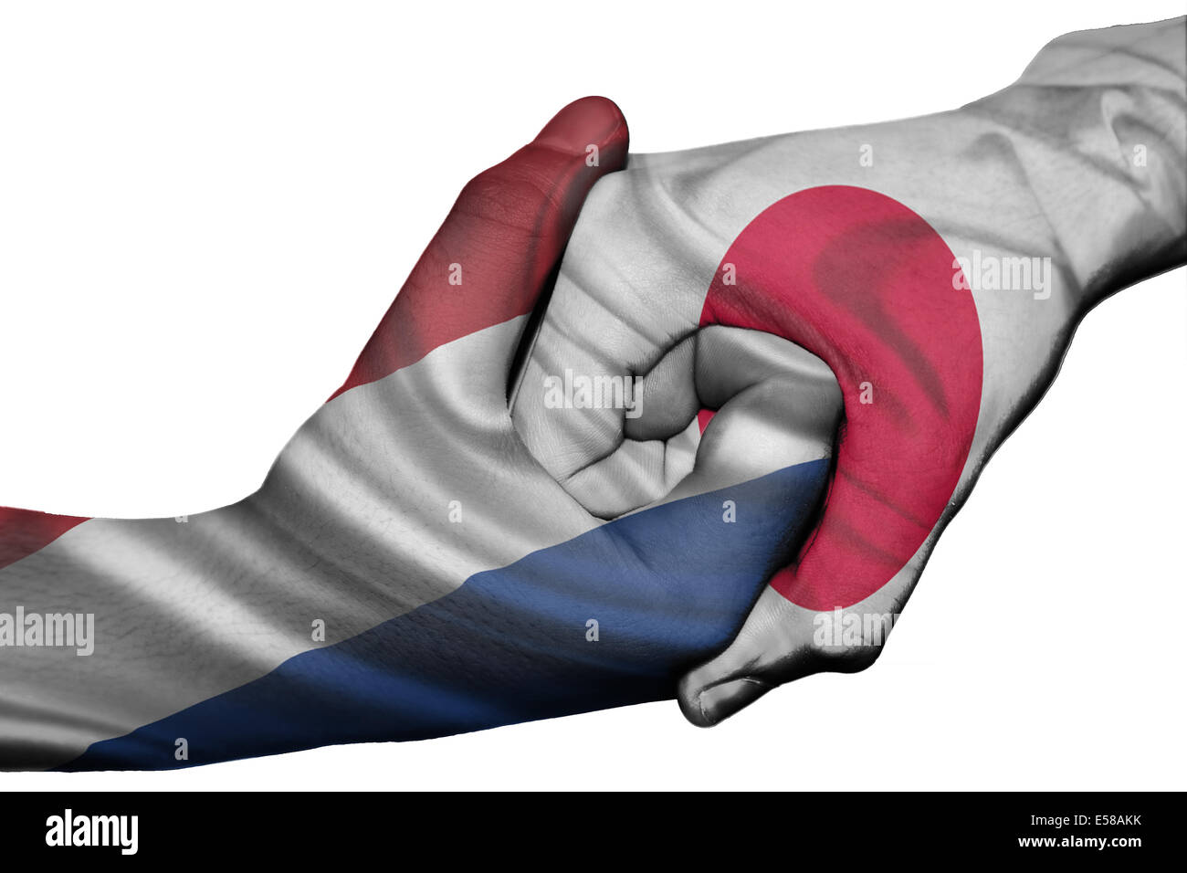 Handshake diplomatiche tra paesi: bandiere di paesi Bassi e Giappone sovradipinta le due mani Foto Stock