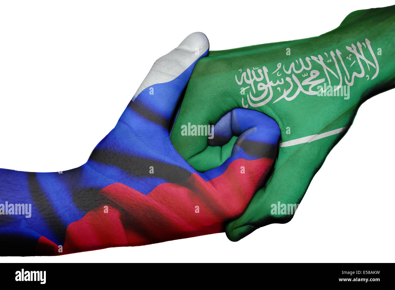 Handshake diplomatiche tra paesi: bandiere della Russia e Arabia Saudita sovradipinta le due mani Foto Stock