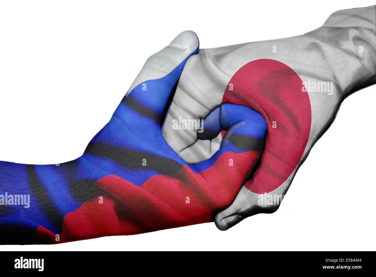 Handshake diplomatiche tra paesi: bandiere della Russia e del Giappone sovradipinta le due mani Foto Stock