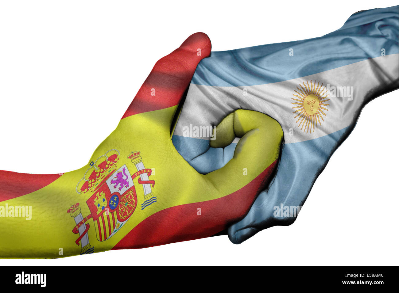 Handshake diplomatiche tra paesi: bandiere di Spagna e Argentina sovradipinta le due mani Foto Stock