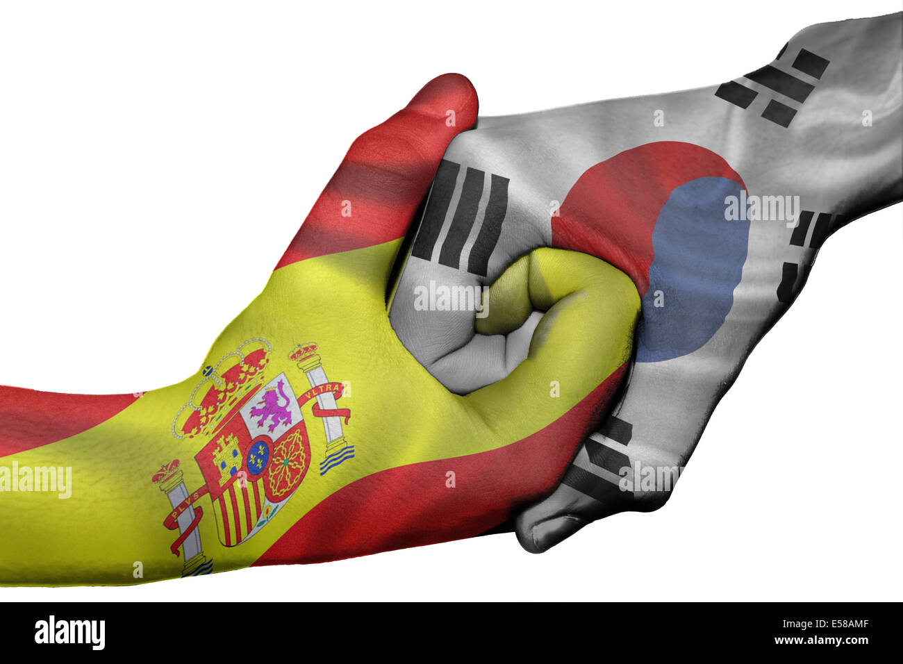 Handshake diplomatiche tra paesi: bandiere di Spagna e Corea del Sud sovradipinta le due mani Foto Stock