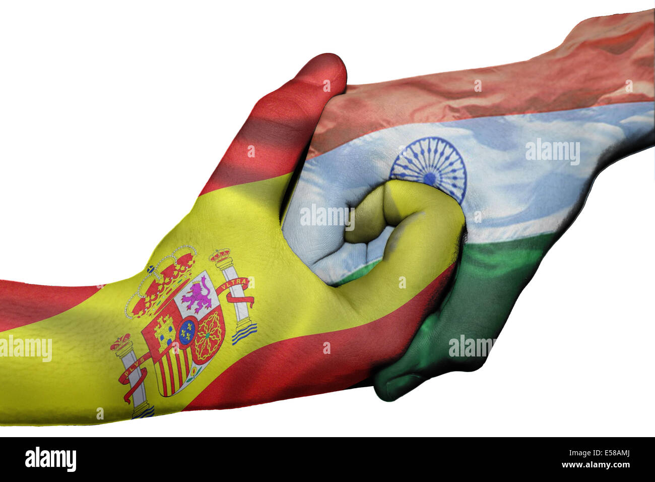 Handshake diplomatiche tra paesi: bandiere di Spagna e India sovradipinta le due mani Foto Stock