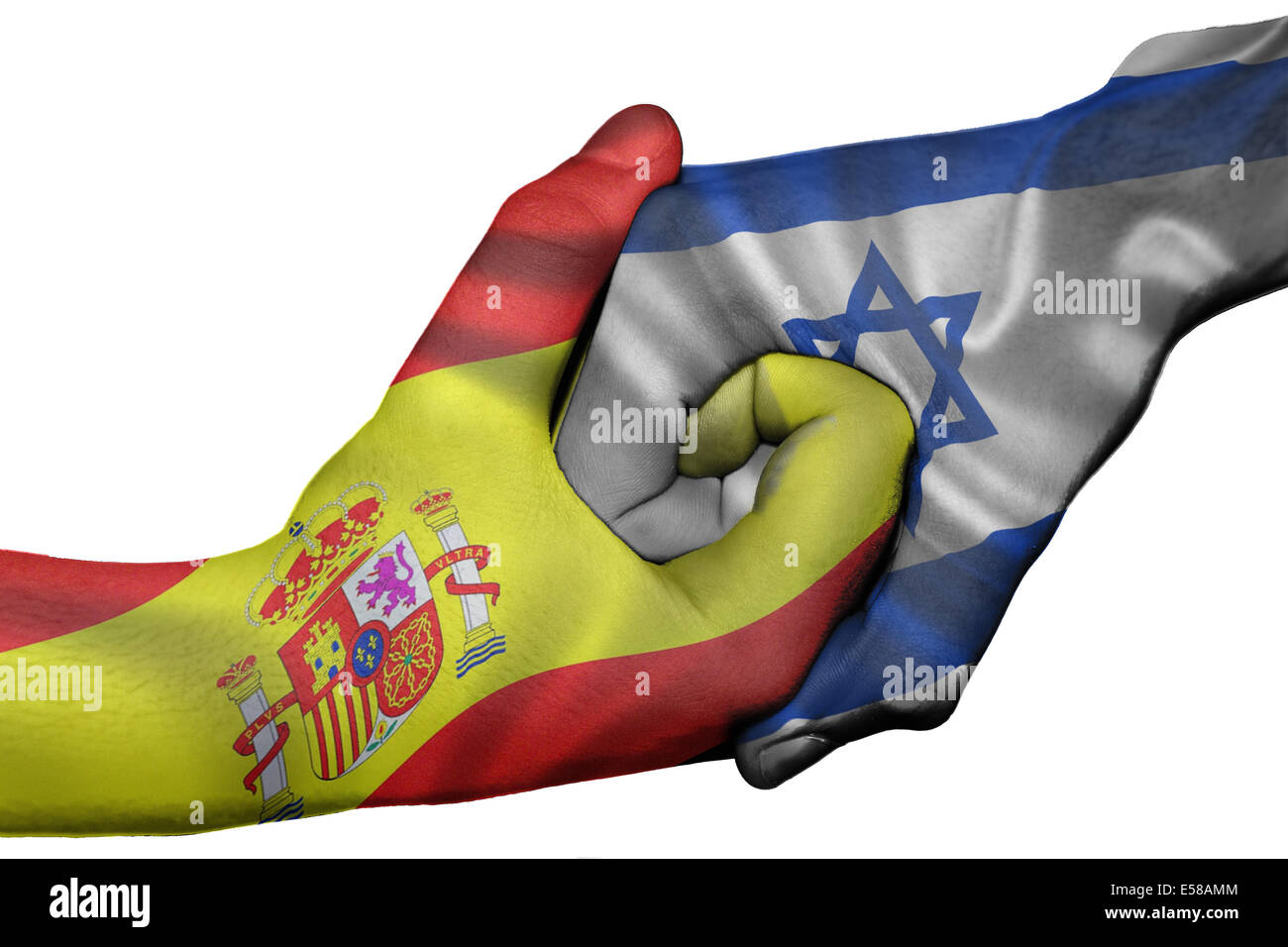 Handshake diplomatiche tra paesi: bandiere di Spagna ed Israele sovradipinta le due mani Foto Stock