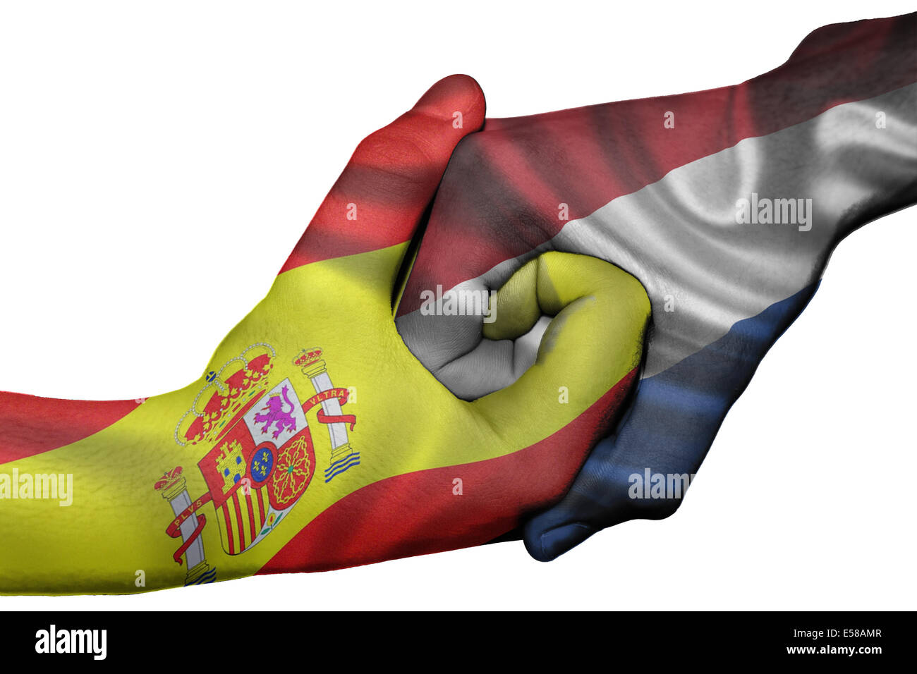 Handshake diplomatiche tra paesi: bandiere di Spagna e Paesi Bassi sovradipinta le due mani Foto Stock