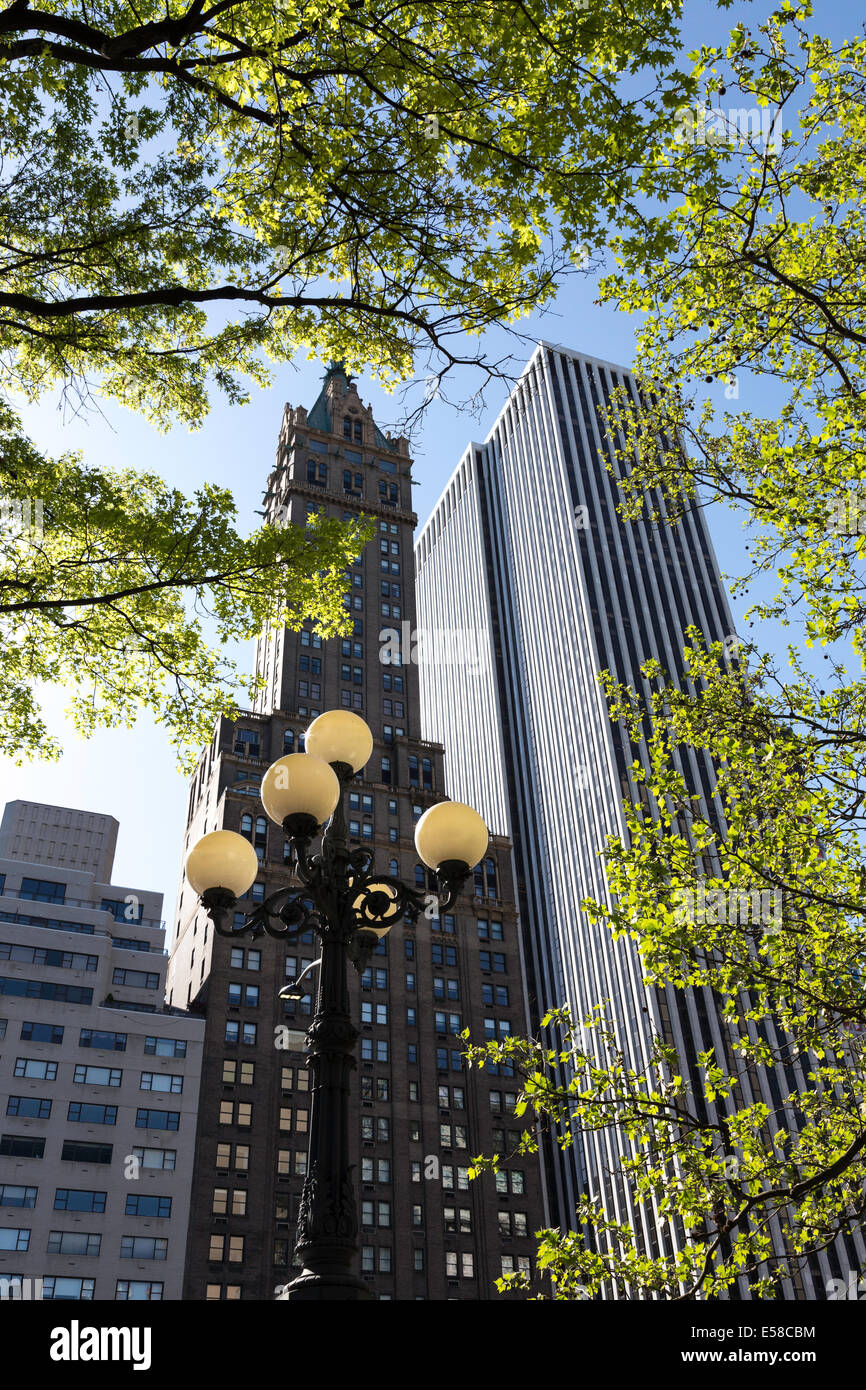 Lampione, Central Park con Sherry Paesi Bassi e GM edifici in background, NYC, STATI UNITI D'AMERICA Foto Stock