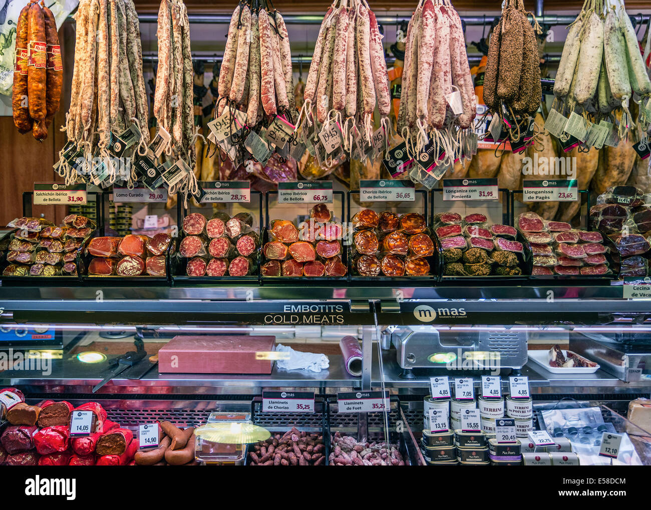 Macelleria, il mercato della Boqueria, Barcellona, Spagna Foto Stock