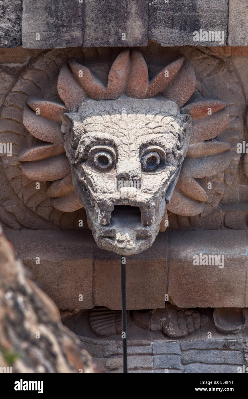 Testa di serpente su il Tempio di Quetzalcoatl a Teotihuacan, Messico. Foto Stock