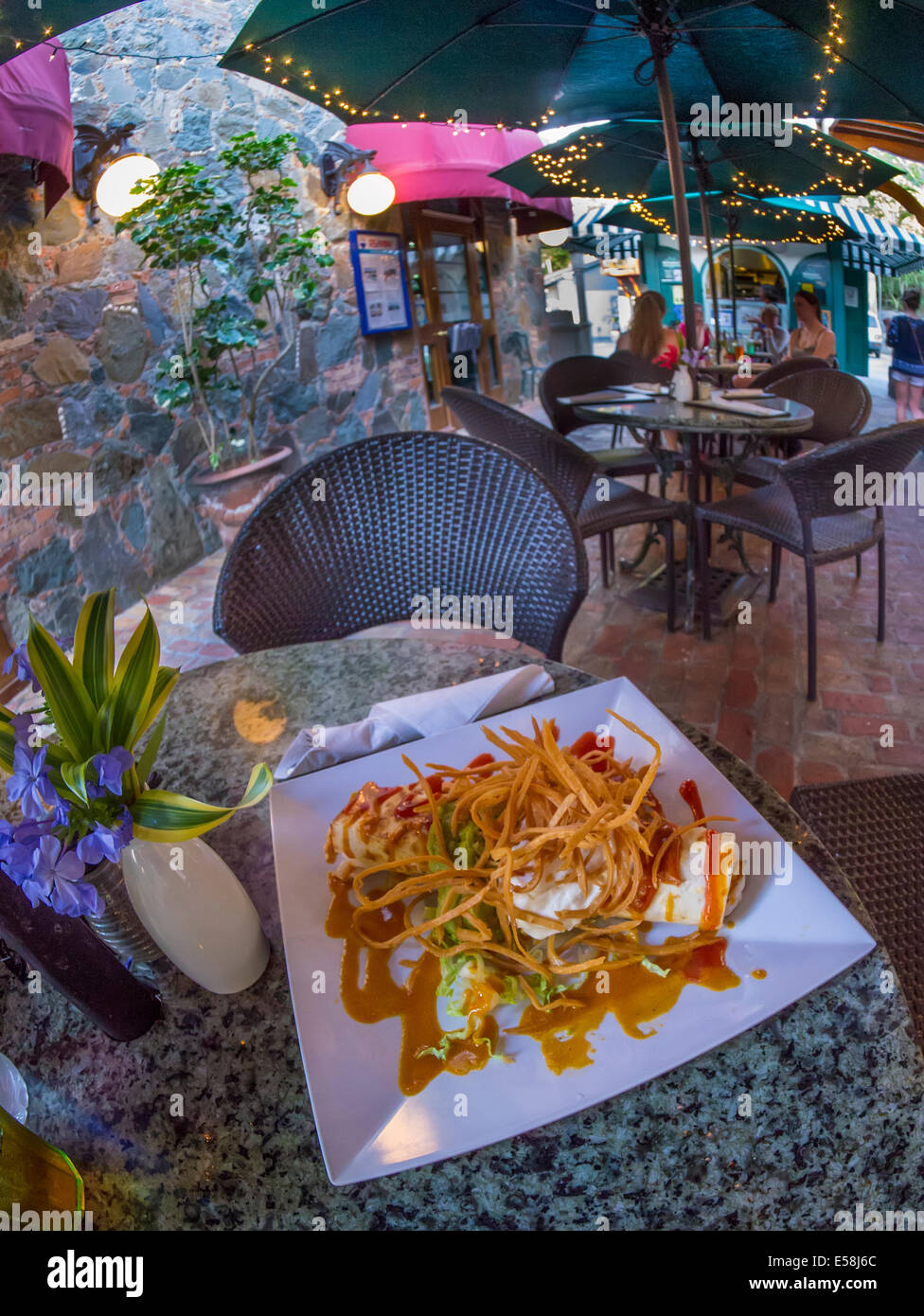 Piatto di cibo nel sole cane Cafe a Mongoose Junction, Cruz Bay St John, Isole Vergini Americane Foto Stock