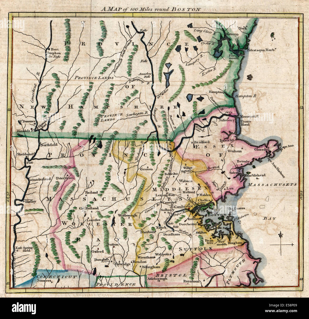 Una mappa di 100 miglia round Boston, Massachusetts, 1775 Foto Stock