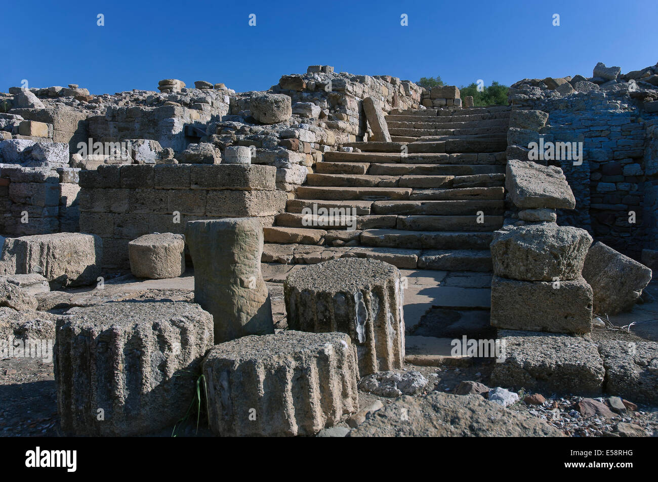 Le rovine romane di Carteia - Tempio di scale, San Roque, Cadice-provincia, regione dell'Andalusia, Spagna, Europa Foto Stock
