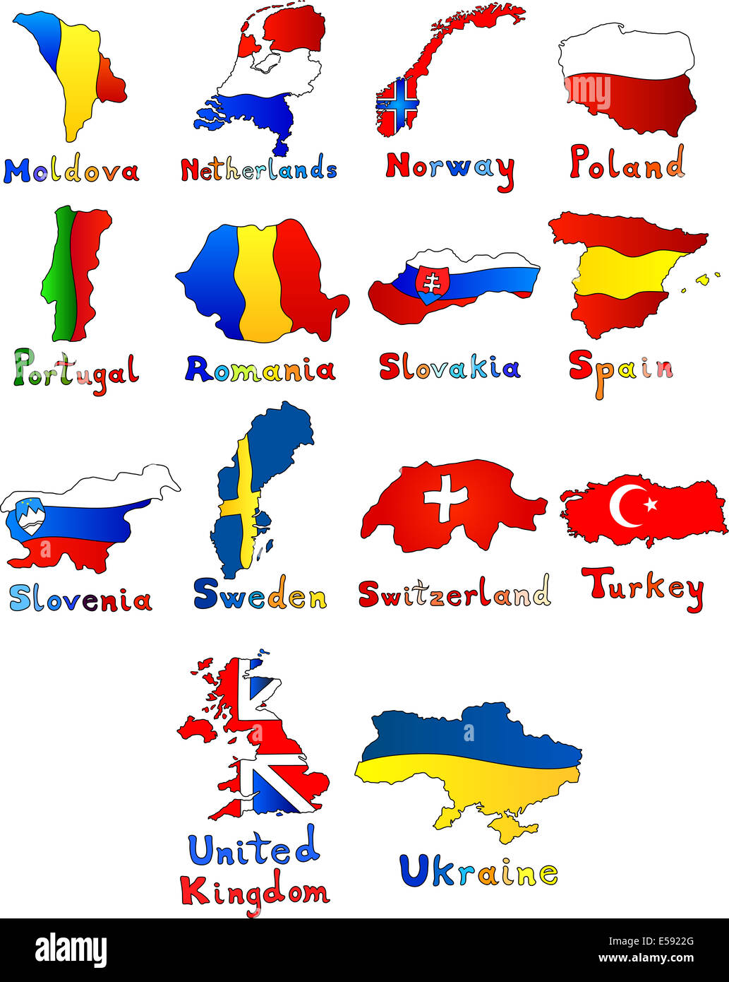 Set di mappe per l'Europa con bandiera di colore immagine in colori. Foto Stock