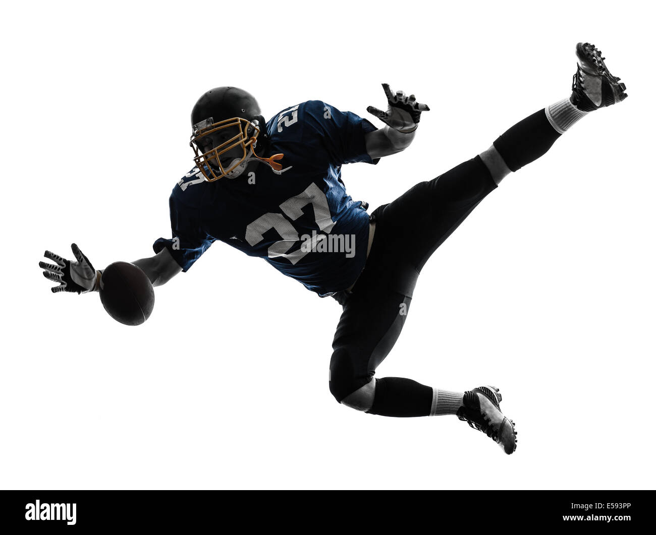 Un giocatore di football americano uomo cattura la ricezione in silhouette studio isolato su sfondo bianco Foto Stock