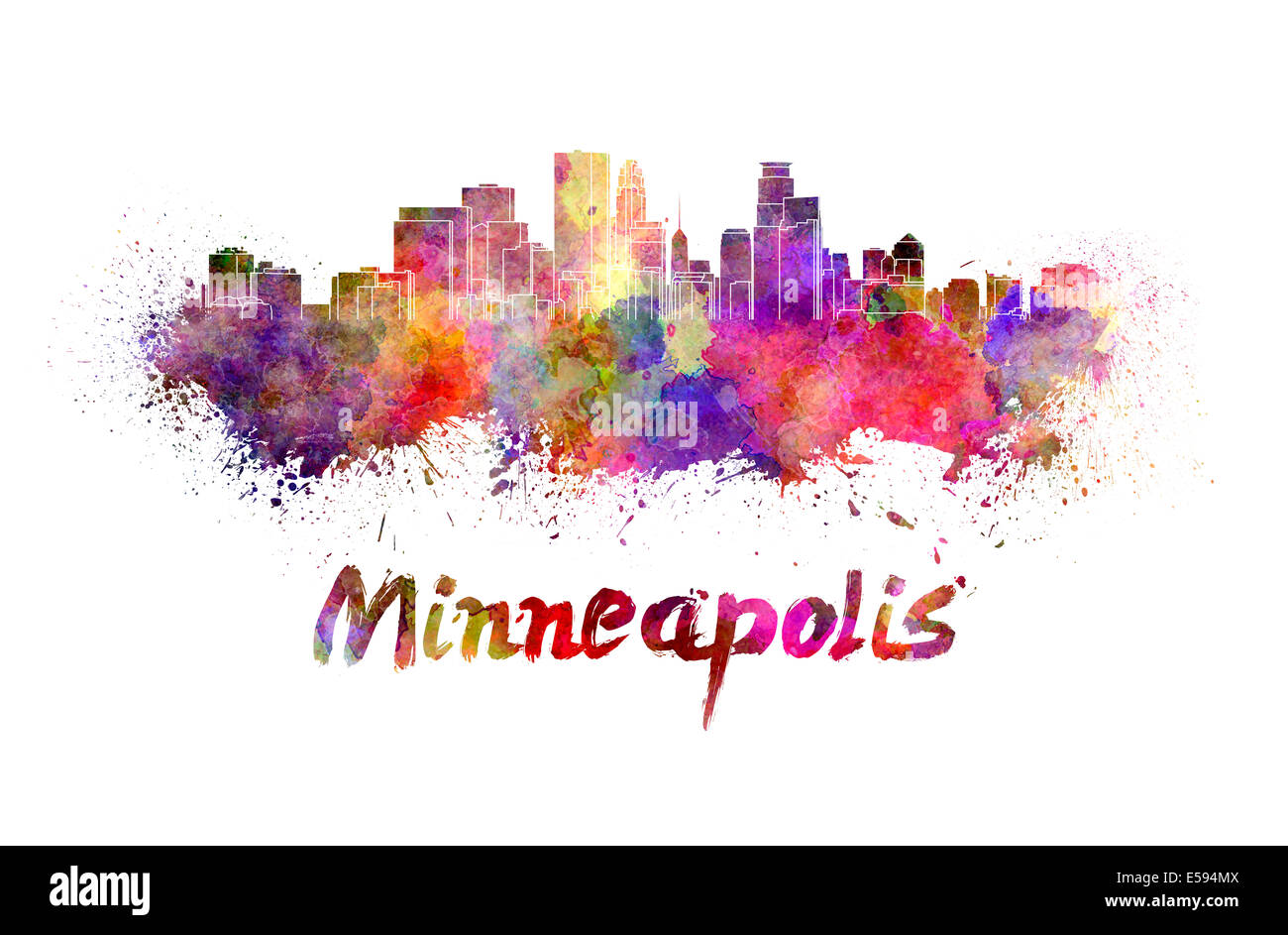 Lo skyline di Minneapolis in acquerello schizza Foto Stock