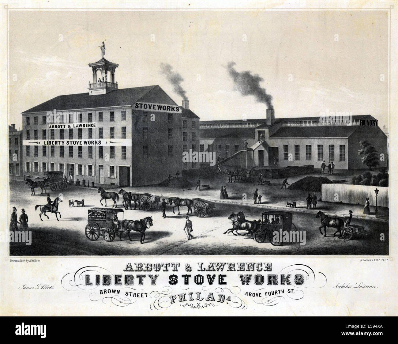 Una litografia raffigurante la stufa Liberty di Abbott & Lawrence lavora in Brown Street a Philadelphia, con i lavoratori e l'industria manifatturiera della stufa durante la metà del XIX secolo. Foto Stock