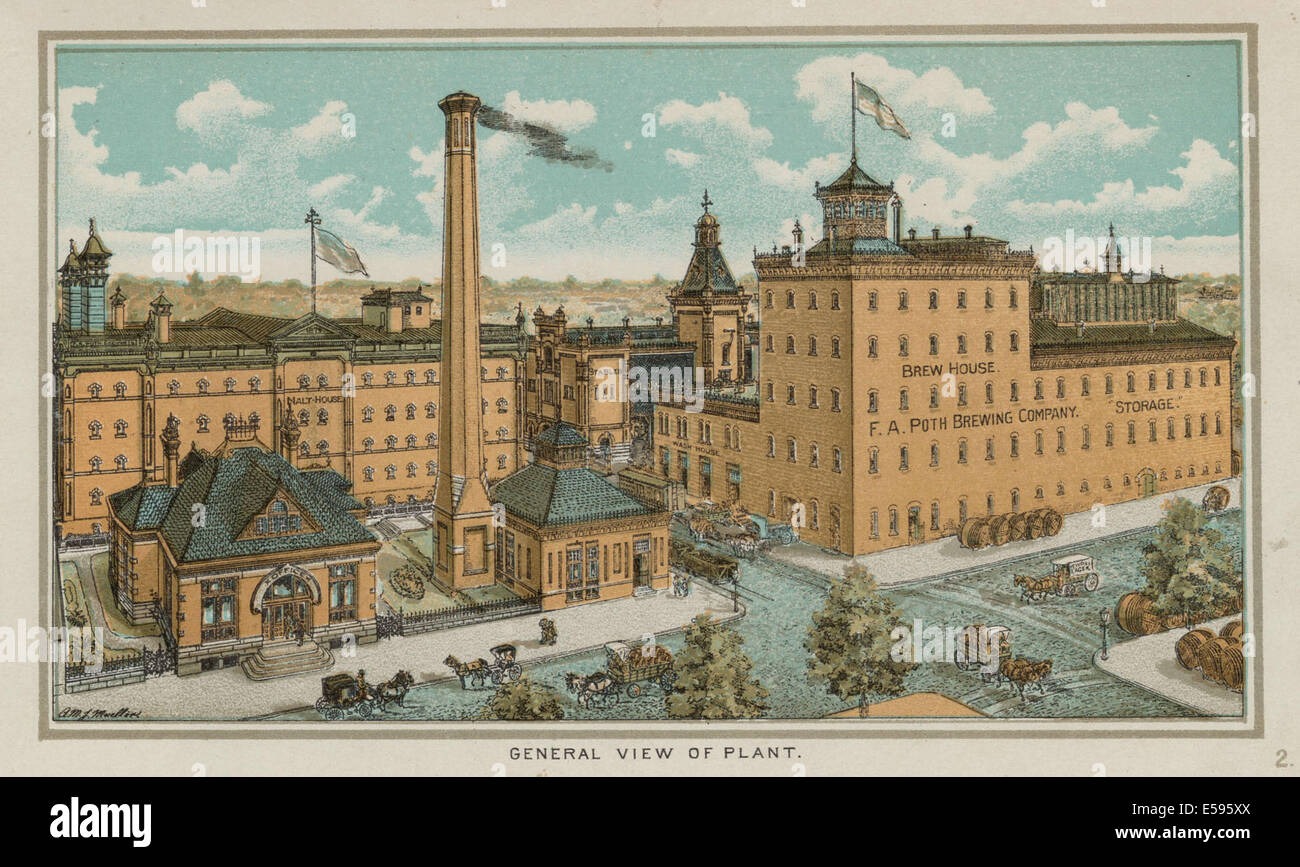 Una litografia della F.A. Poth Brewing Company di Filadelfia, intorno al 1891, raffigurante l'industria della birra e il ruolo dell'azienda nella produzione locale. Foto Stock