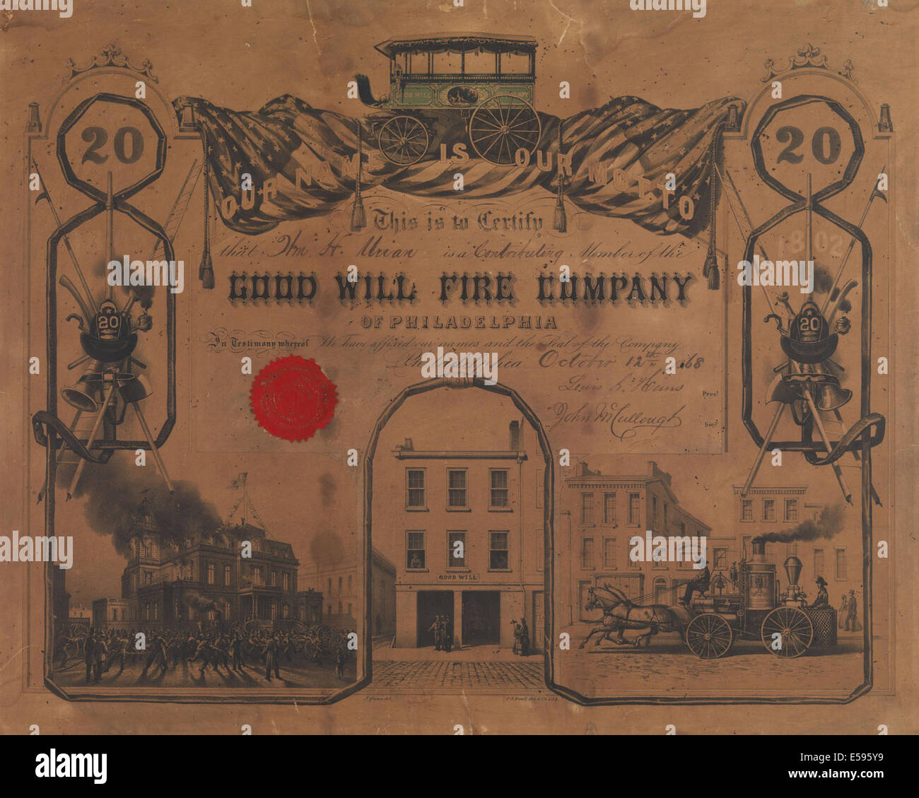Una litografia raffigurante la Good Will Fire Company di Filadelfia, che mostra i membri dell'azienda di fronte alla loro stazione dei vigili del fuoco. Questa stampa è stata creata da James Fuller Queen e litografata da P.S. Duval & Son. Foto Stock