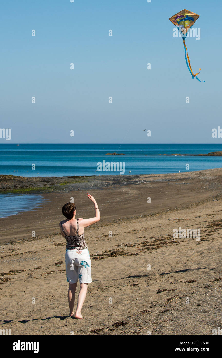 Aberystwyth, Wales, Regno Unito. Il 24 luglio, 2014. Una donna volare un aquilone sulla spiaggia, sfruttando al massimo il caldo clima soleggiato a Aberystwyth sulla West Wales coast UK. L'ondata di caldo è previsto per una durata di almeno un altro giorno, con temperature di progetto quasi raggiungere 30c in alcuni luoghi terrestri, prima dello scambiatore meteo restituisce al weekend Photo credit: keith morris/Alamy Live News Foto Stock
