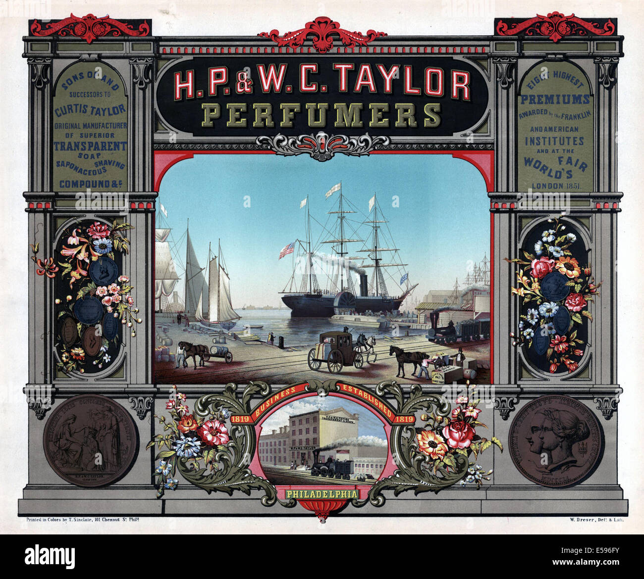 Pubblicità per i profumieri H. P. & W. C. Taylor, circa 1851, che promuovono i loro prodotti a Philadelphia, con particolare attenzione all'industria dei profumi e delle fragranze. Foto Stock