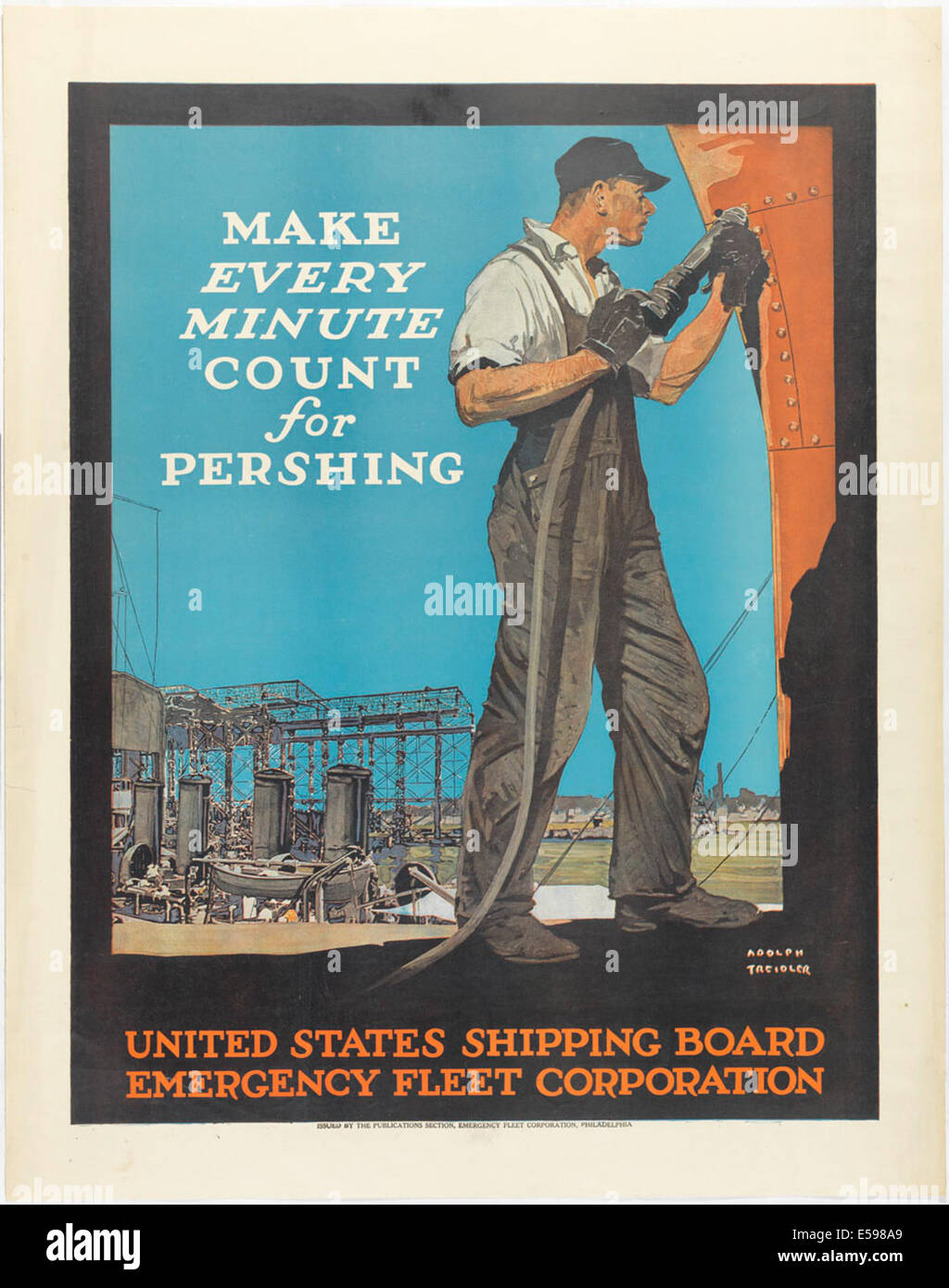 Un poster di reclutamento della prima guerra mondiale intitolato "Make Every Minute Count for Pershing", creato da Adolph Treidler, con il generale Pershing, archiviato presso la Library Company di Philadelphia. Foto Stock