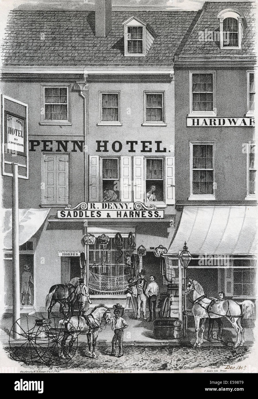 Un annuncio litografico del 1848 per il Penn Hotel e il negozio di imbracature Denny's a Philadelphia, che promuove attrezzature per cavalli e servizi alberghieri. Foto Stock