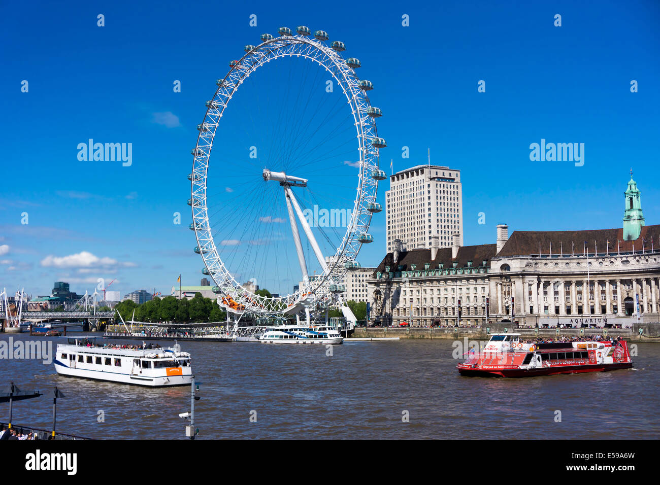 Inghilterra, Londra, Lambeth, vista la grande ruota " London Eye' con il fiume Themse in primo piano Foto Stock