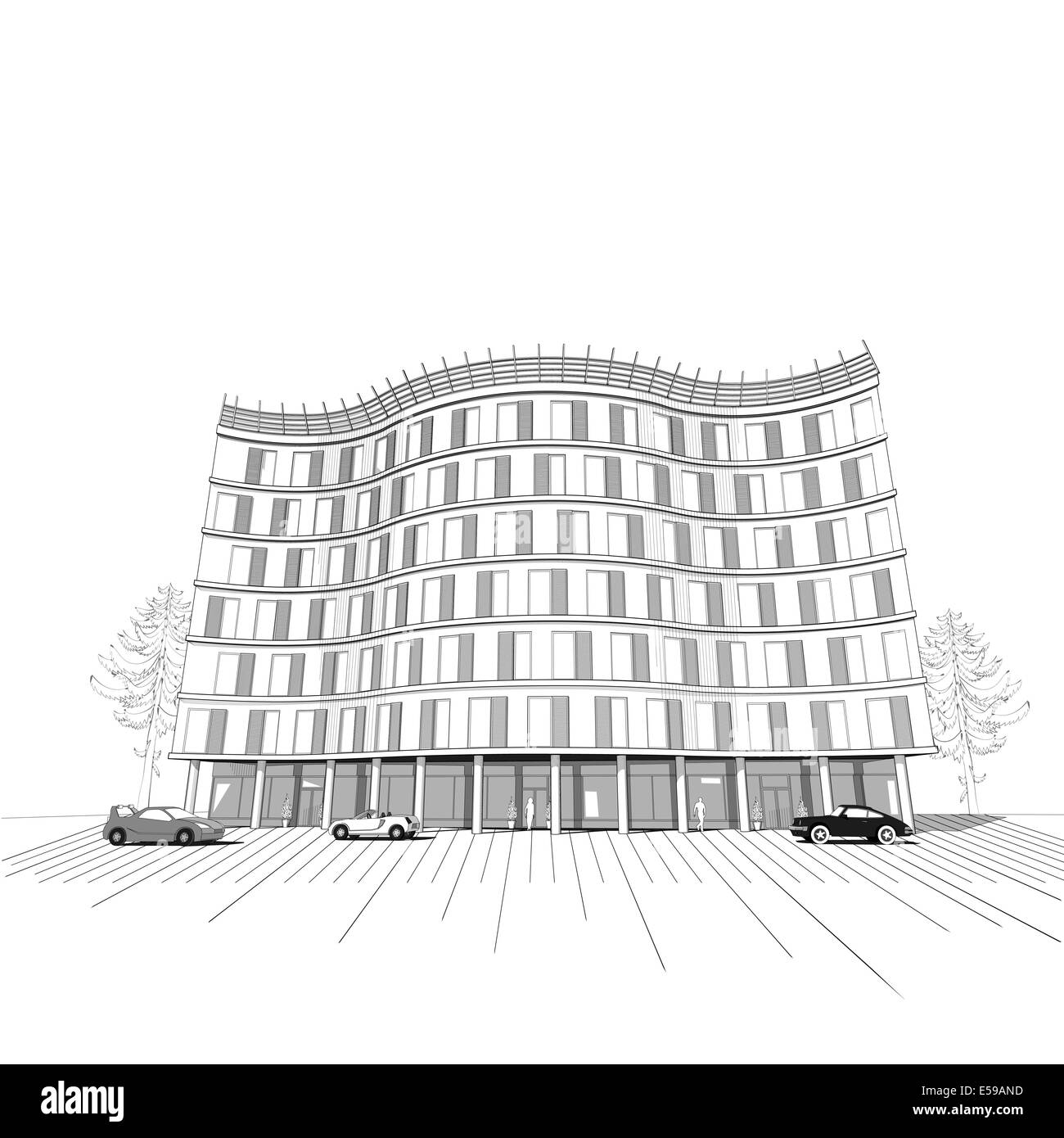 Architectural nero e sfondo bianco con moderno appartamento o ufficio edificio multipiano Foto Stock