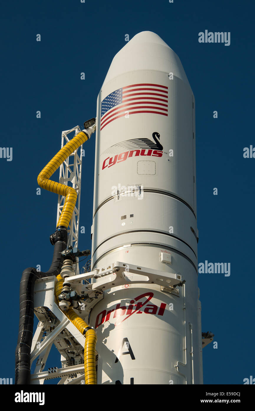 La Orbital Sciences Corporation Antares rocket, con il veicolo spaziale Cygnus onboard, è visto, Sabato, 12 luglio 2014, a Launch Pad-0A della NASA Wallops Flight Facility in Virginia. L'Antares si avvierà con il veicolo spaziale Cygnus riempito con oltre 3,00 Foto Stock