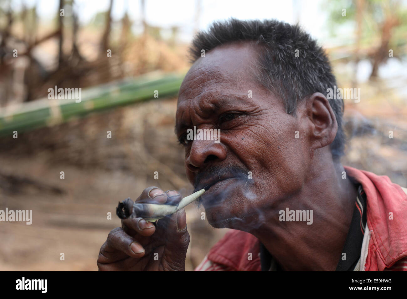 Primo piano di un uomo tribale di Kamar che fuma un Chongi fumante (bidi), sigaretta indiana fatta a mano di foglie di sargi, Matal Village Foto Stock