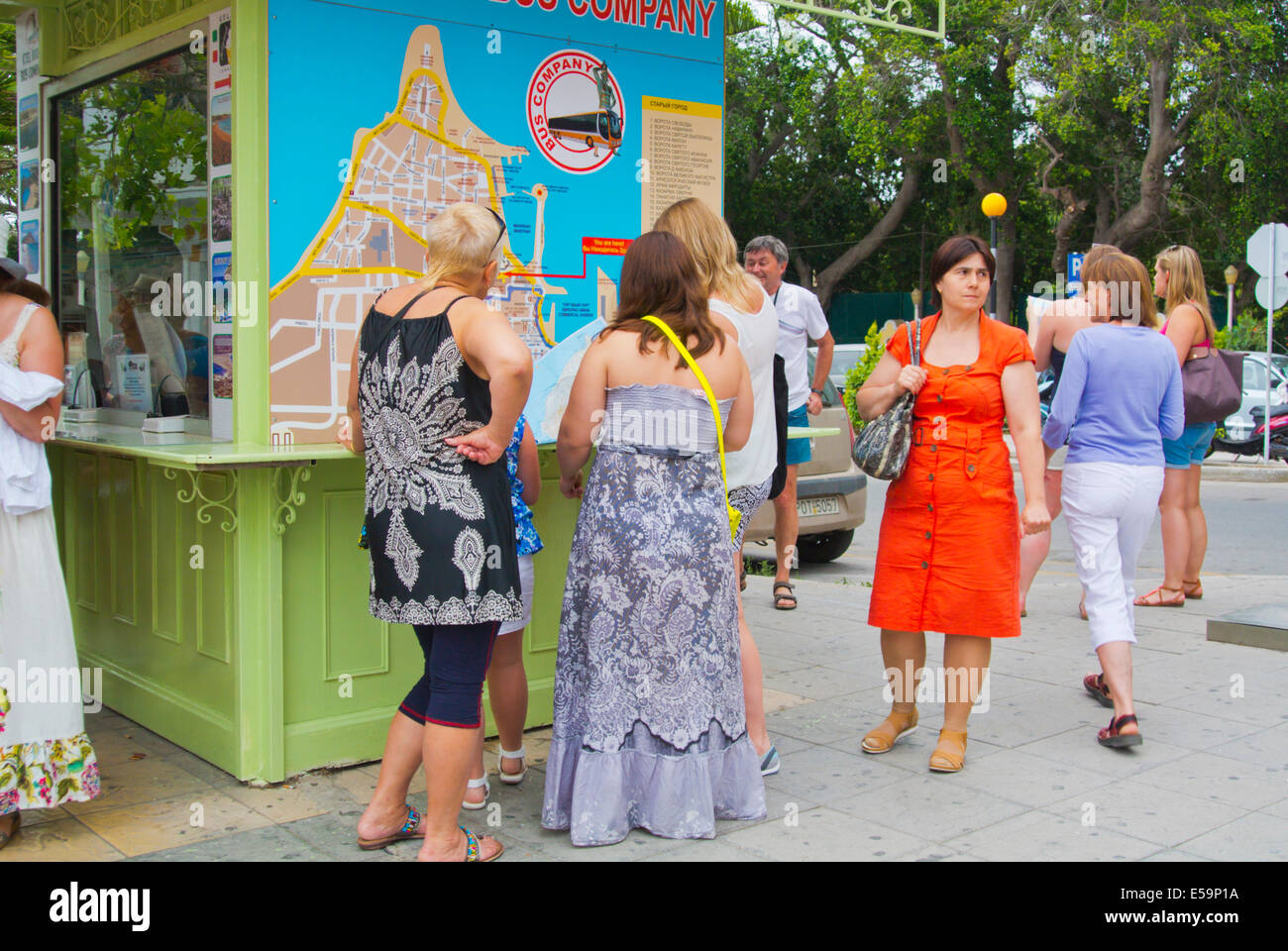 KTLE bus station, RODI, RODI, DODECANNESO isole, Egeo meridionale regione, Grecia, Europa Foto Stock