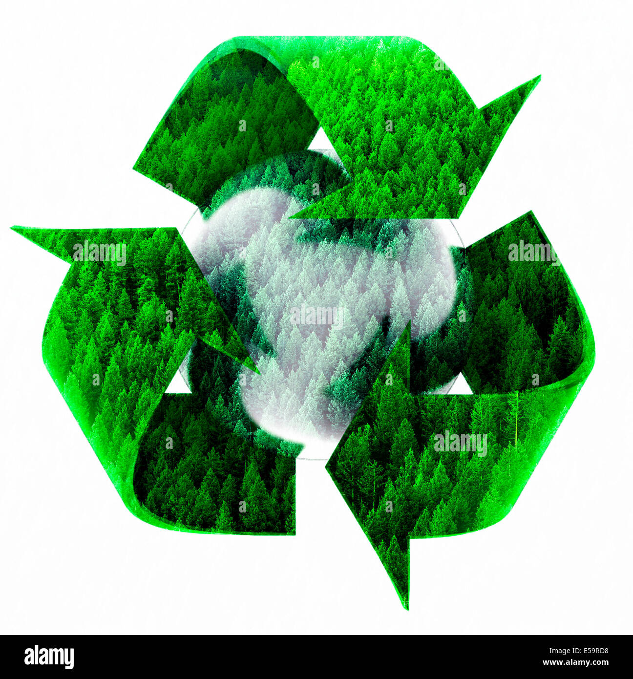 Simbolo di riciclaggio con la vista della foresta di verde di pini sul versante della montagna Foto Stock