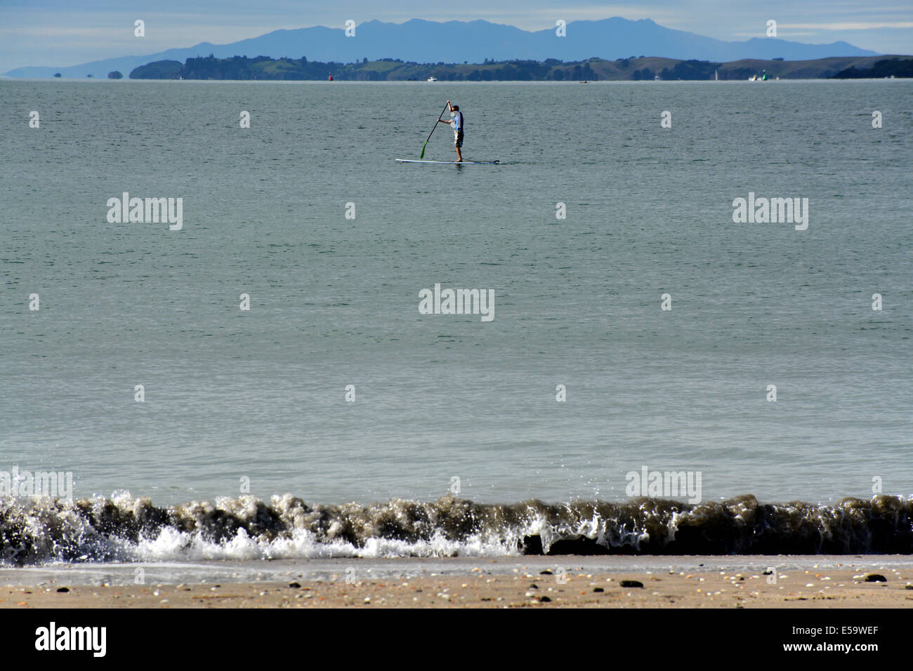Uomo che fa stand up paddle surf vicino a Takapuna Beach con la Penisola di Coromandel in background, Auckland, Nuova Zelanda Foto Stock