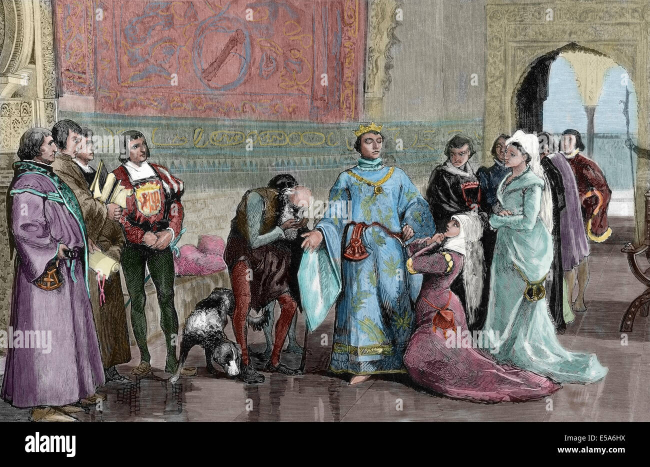 Eleonora di Castiglia (1307-1359), regina consorte di Aragona, cercando giustizia re Pietro I di Castiglia. Incisione colorata. Foto Stock