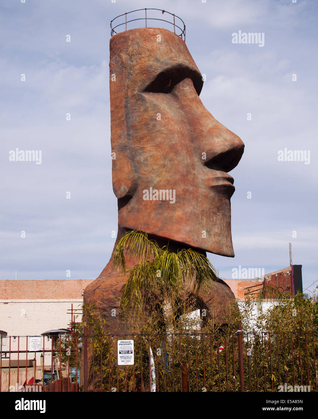 Una gigantesca testa di tiki, una volta parte di un campo da minigolf, si erge ora nel centro di Tucson, Arizona, come un audace pezzo di americana a lato della strada. Foto Stock