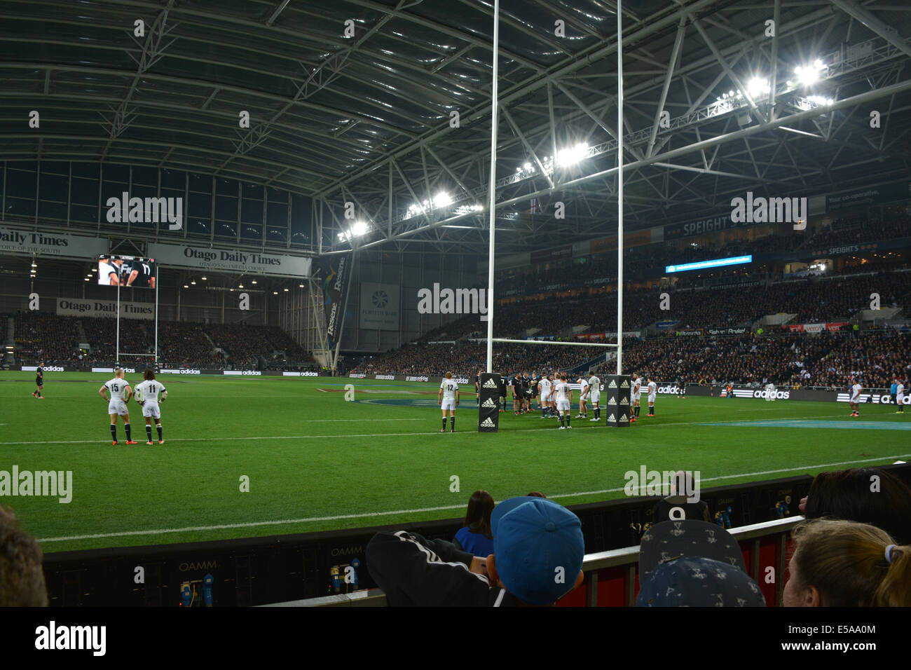 Vista interna del Forsyth Barr Stadium di Dunedin durante gli All Blacks vs Inghilterra rugby Game giocato a giugno 14, 2014 Foto Stock