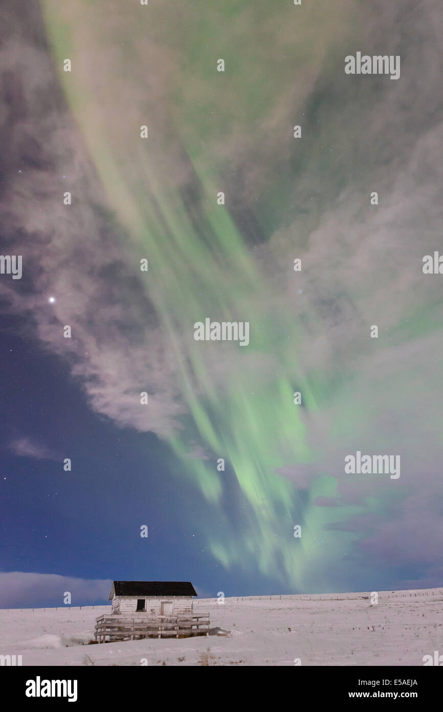 L'aurora boreale appare come una fiamma verde attraverso le nuvole sopra un capannone rurale su un paesaggio innevato vicino a Calgary, Alberta, Canada Foto Stock