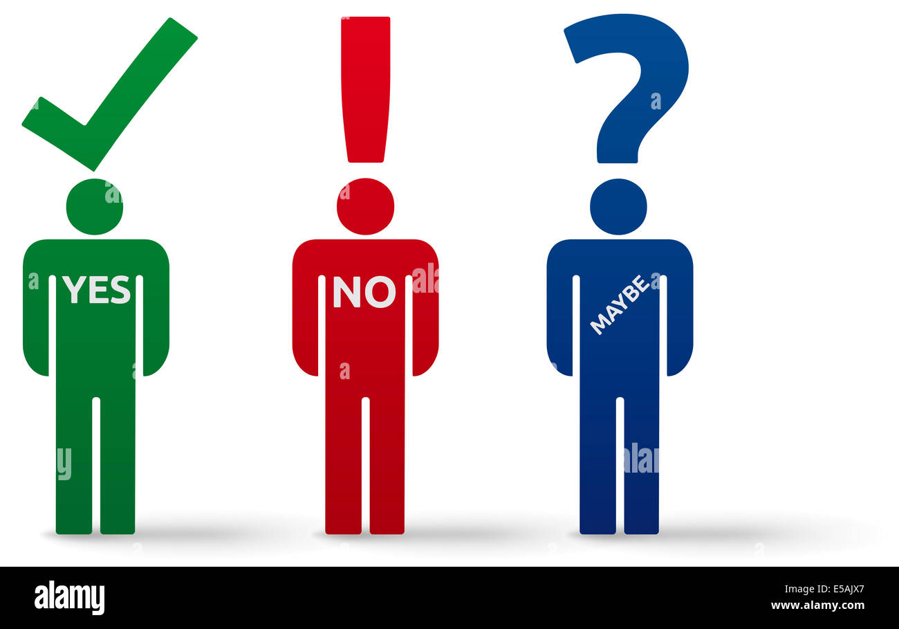 Silhouette uomo con Sì, No, forse pensi Firma e shadow - isolato su sfondo bianco Foto Stock