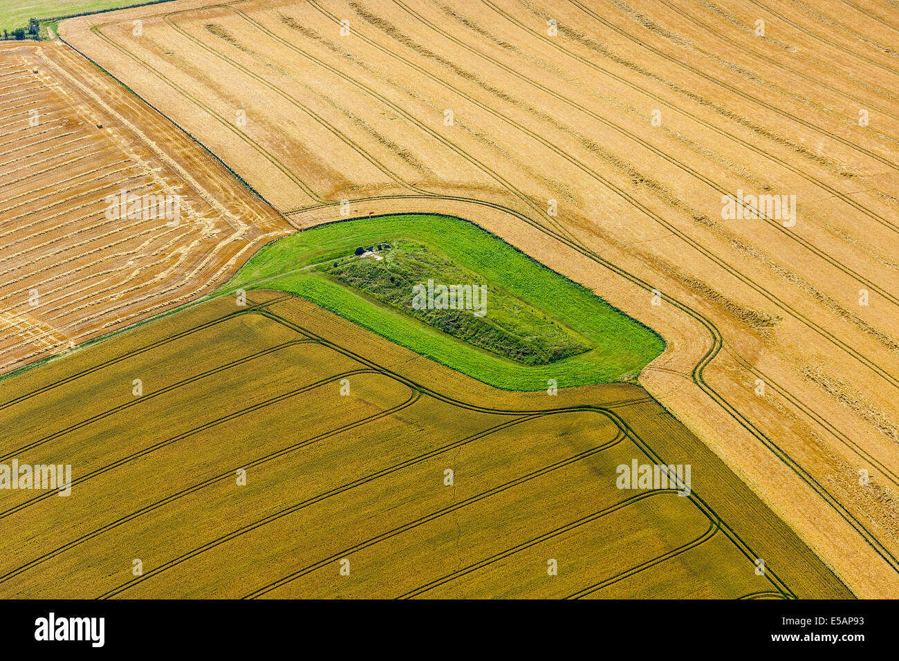 Vista aerea del West Kennet Long Barrow, Wiltshire, Regno Unito. JMH6183 Foto Stock