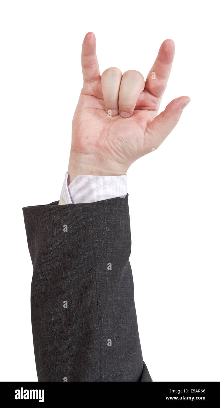 Sollevate le corna dita segno - mano gesto isolato su sfondo bianco Foto Stock