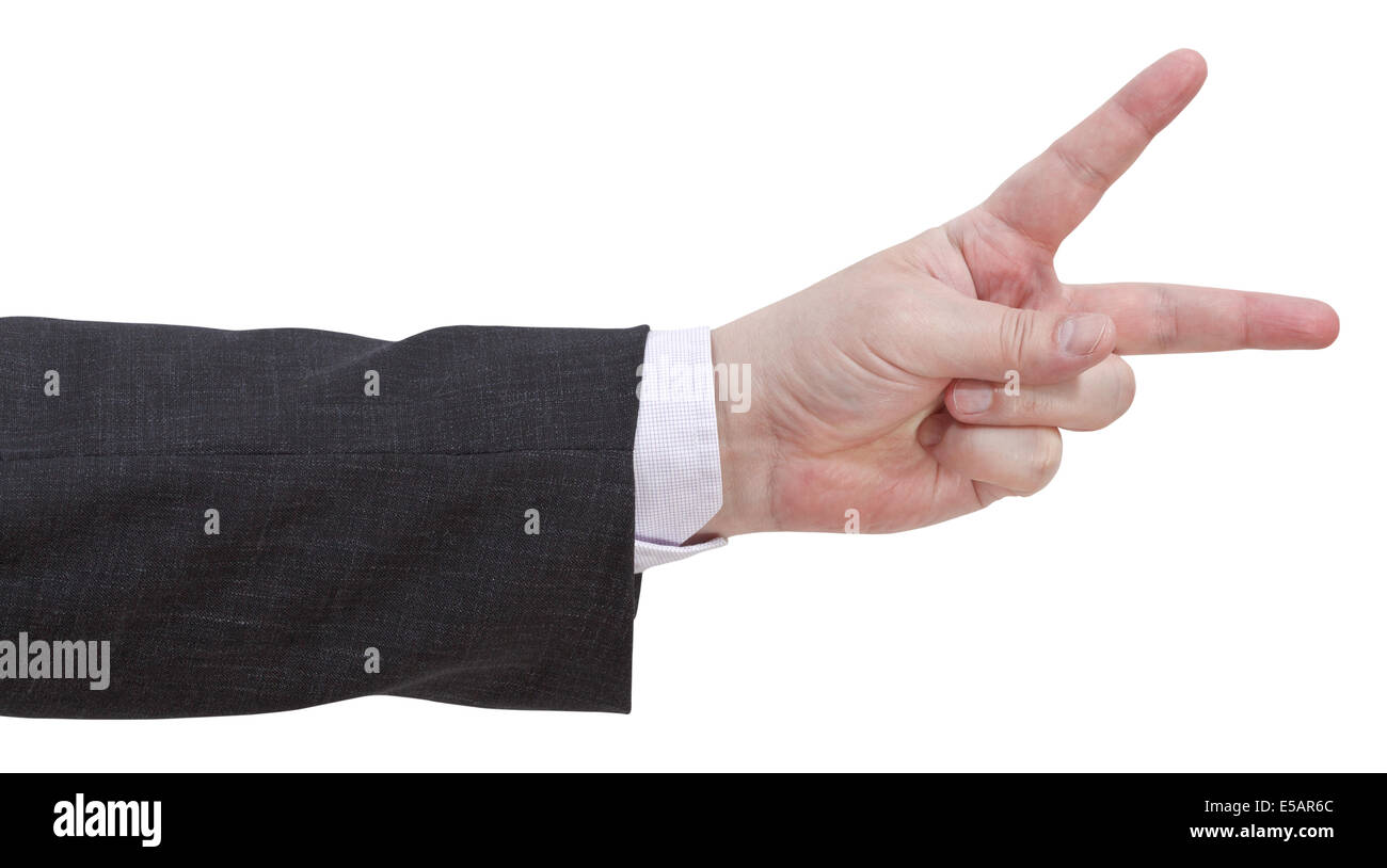 Due dita rigature - mano gesto isolato su sfondo bianco Foto Stock