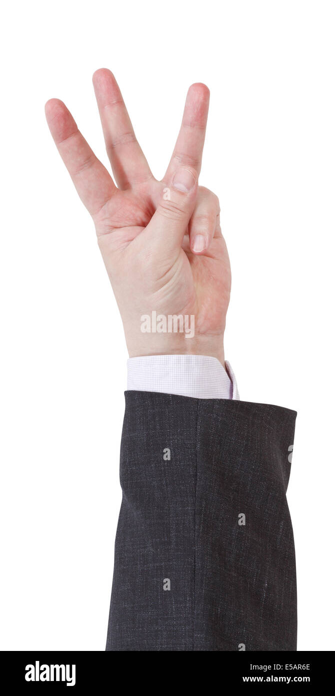 Tre dita contando - mano gesto isolato su sfondo bianco Foto Stock