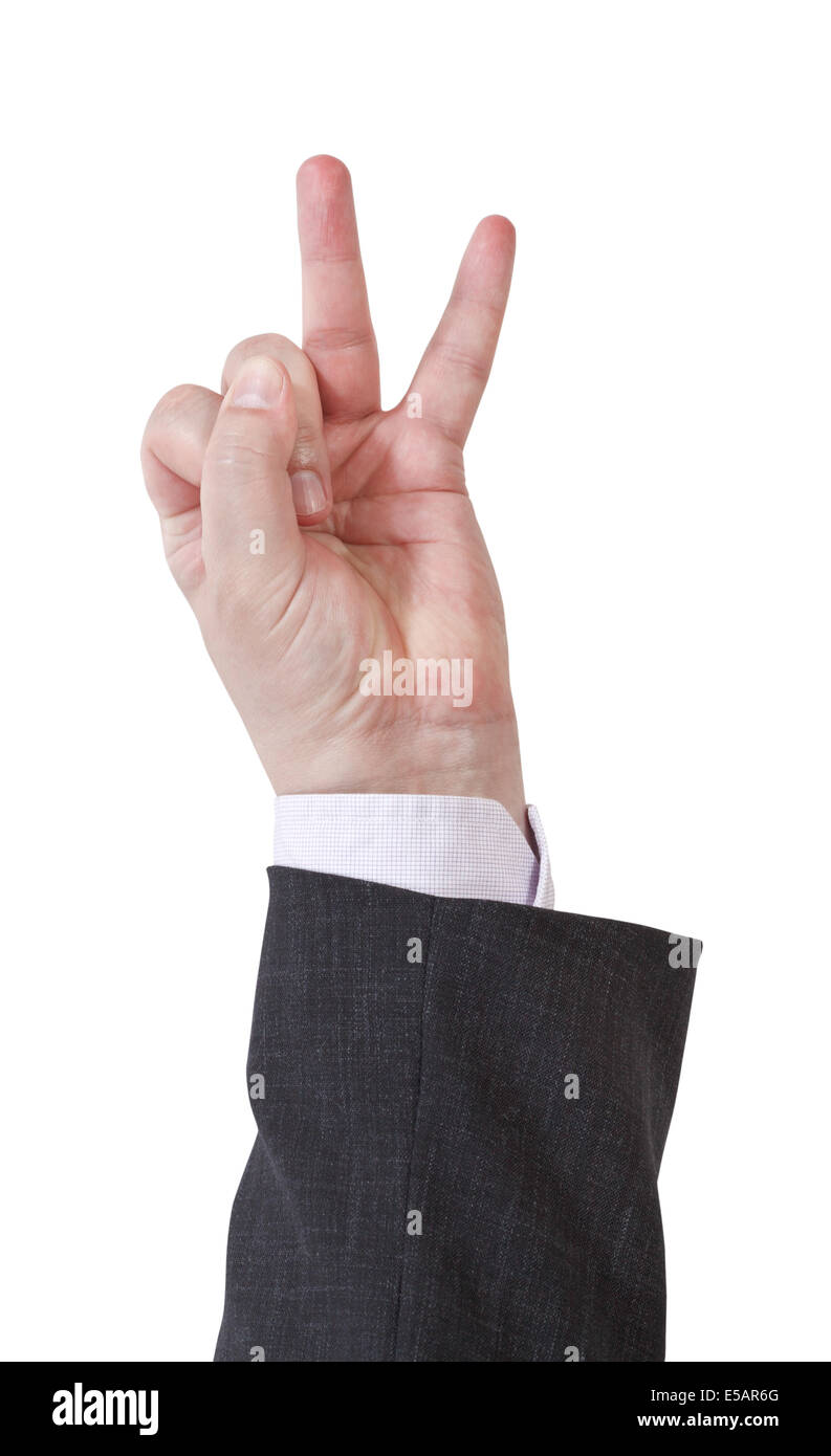 Conteggio con due dita - mano gesto isolato su sfondo bianco Foto Stock