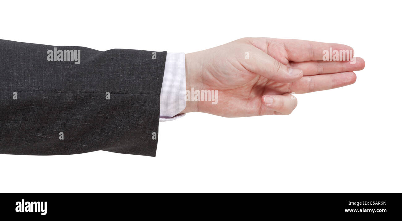 Conteggio con tre dita insieme - mano gesto isolato su sfondo bianco Foto Stock