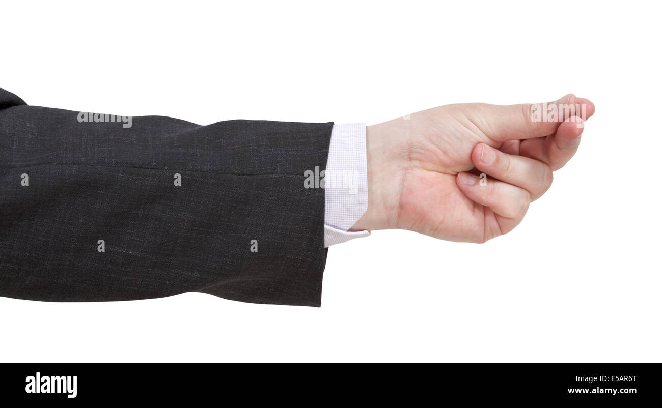 Contare il denaro - mano gesto isolato su sfondo bianco Foto Stock