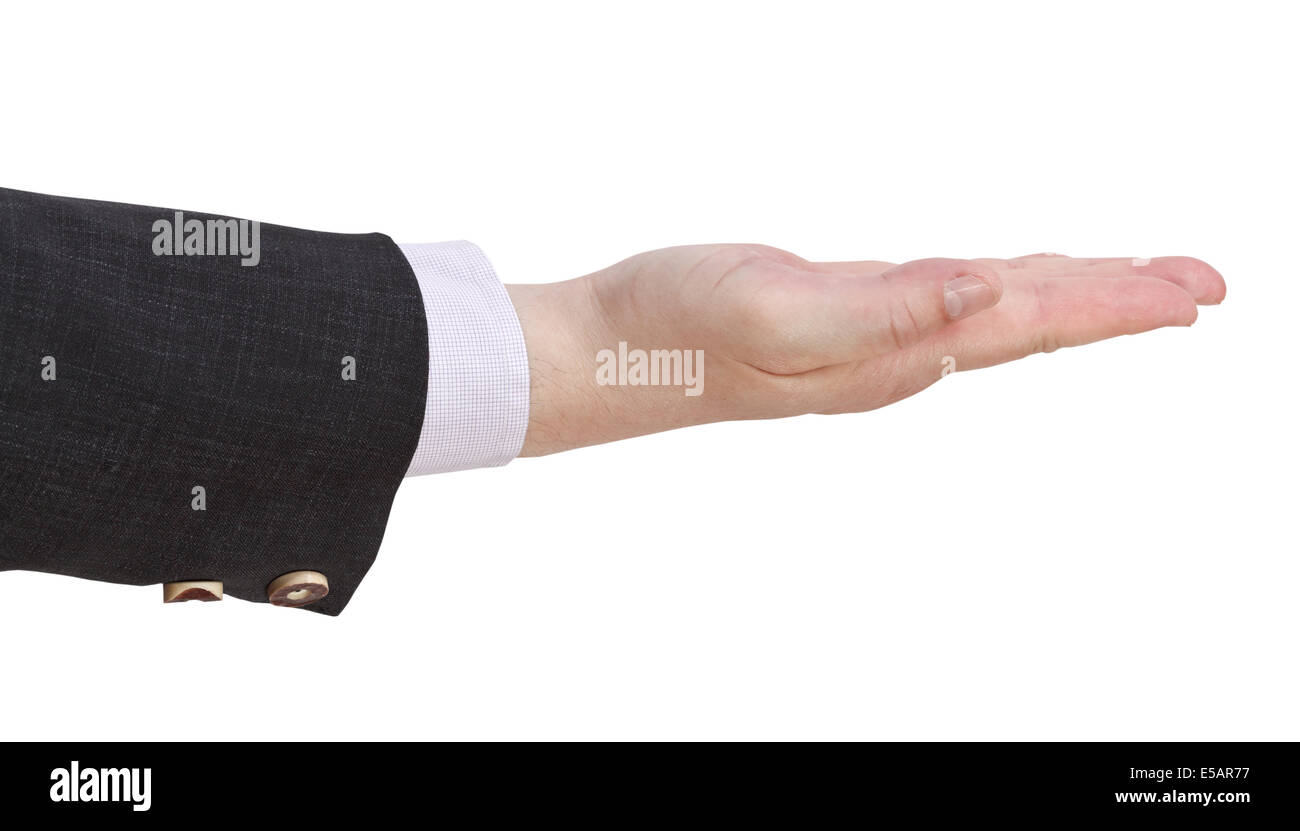 Vista laterale del palmo aperto - mano gesto isolato su sfondo bianco Foto Stock