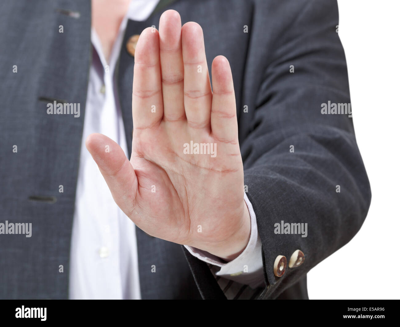 Il segnale di arresto da aprire Palm - imprenditore mano gesto isolato su sfondo bianco Foto Stock