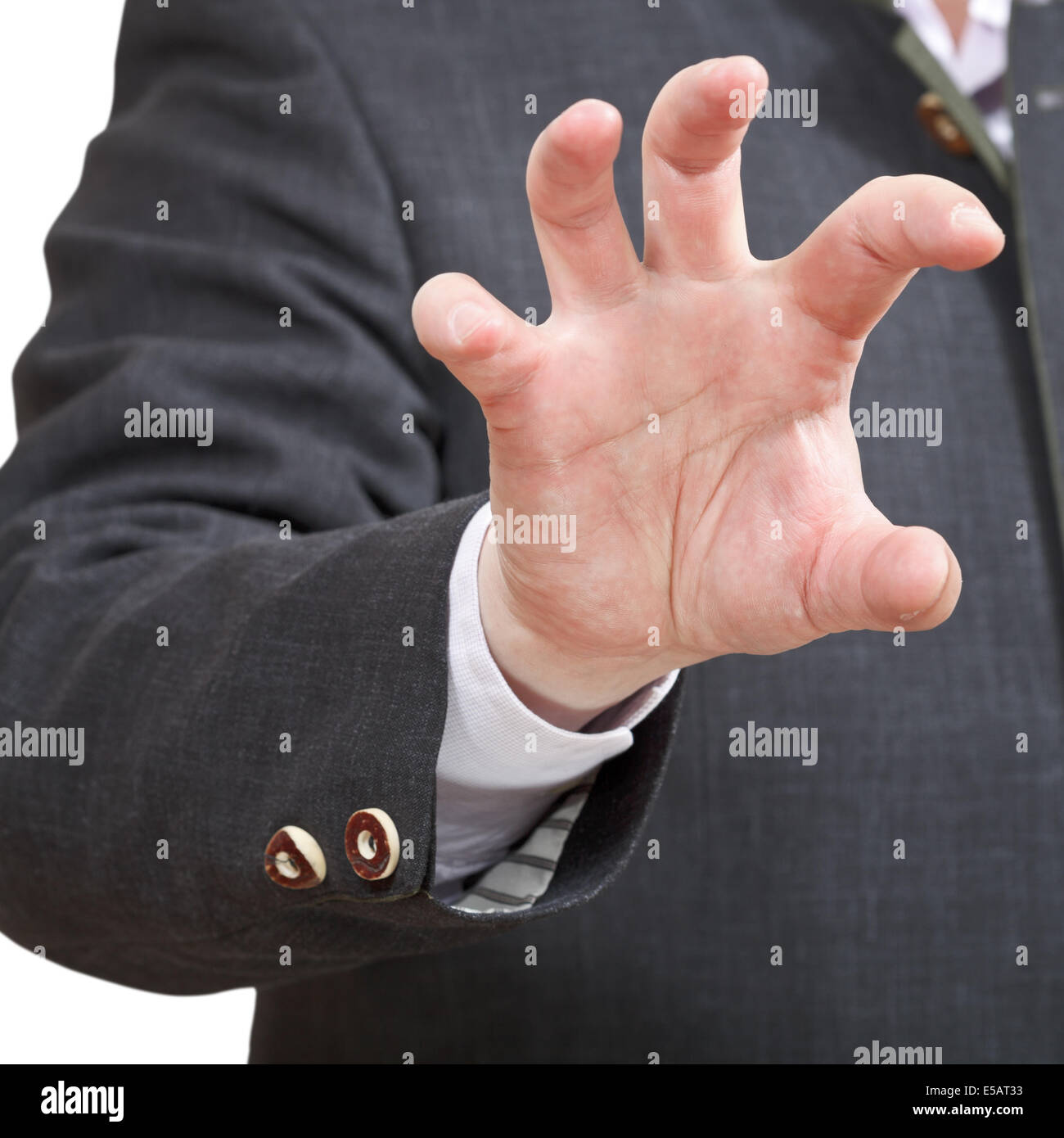 Imprenditore mostra attaccando palm close up - mano gesto isolato su sfondo bianco Foto Stock