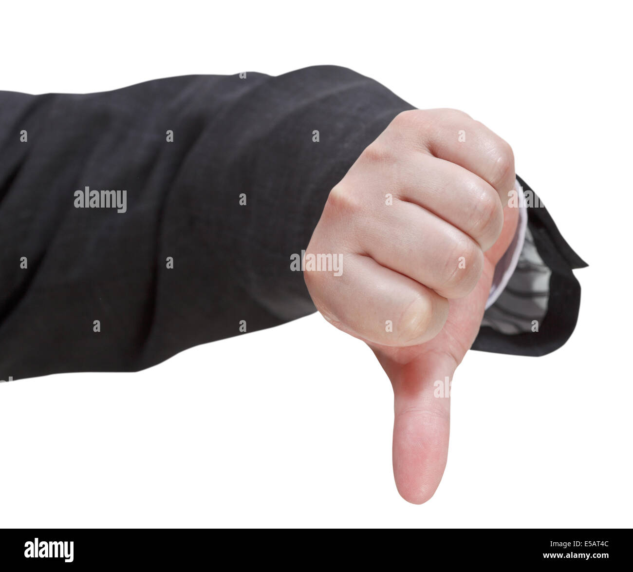 Vista frontale del pollice in giù segno - mano gesto isolato su sfondo bianco Foto Stock